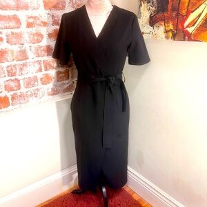 Warehouse black short sleeve wrap look belted midi dress Size 8